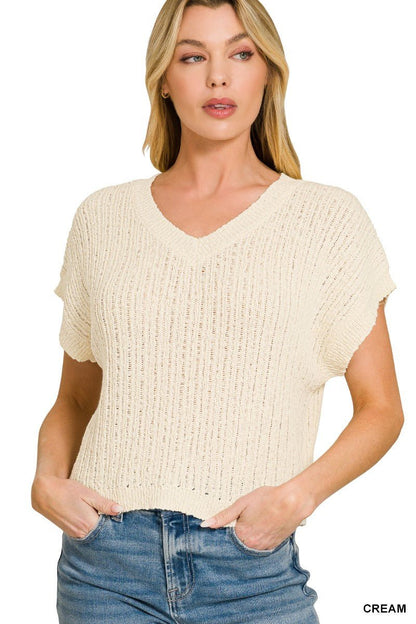 Zenana Textured Knit V - Neck Cropped Sweater - Bitsy Gypsy Boutique