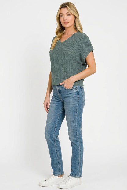 Zenana Textured Knit V - Neck Cropped Sweater - Bitsy Gypsy Boutique