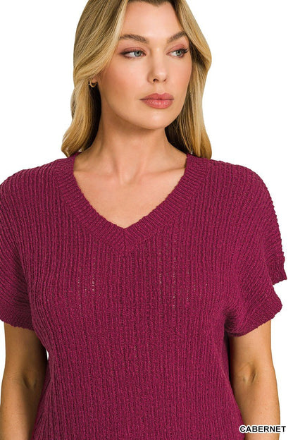 Zenana Textured Knit V - Neck Cropped Sweater - Bitsy Gypsy Boutique