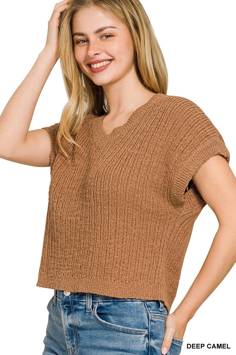 Zenana Textured Knit V - Neck Cropped Sweater - Bitsy Gypsy Boutique