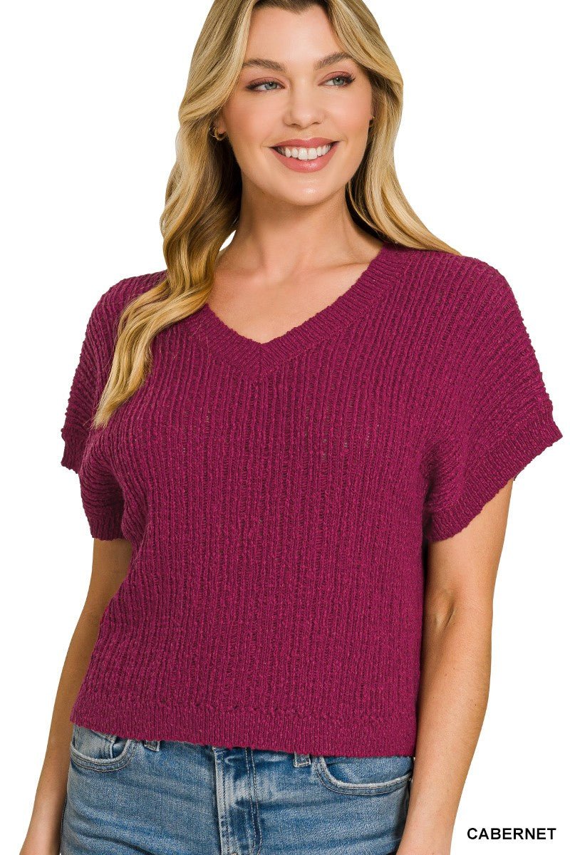 Zenana Textured Knit V - Neck Cropped Sweater - Bitsy Gypsy Boutique