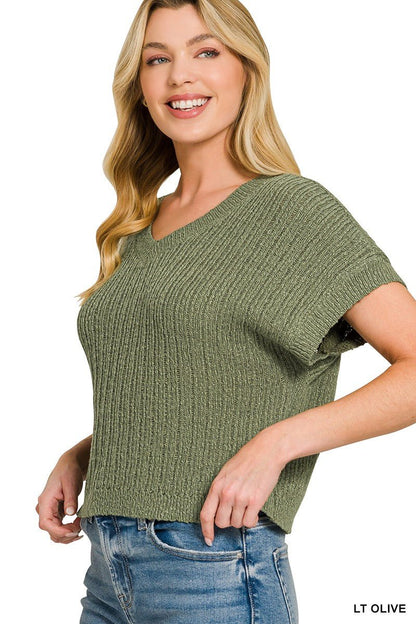 Zenana Textured Knit V - Neck Cropped Sweater - Bitsy Gypsy Boutique