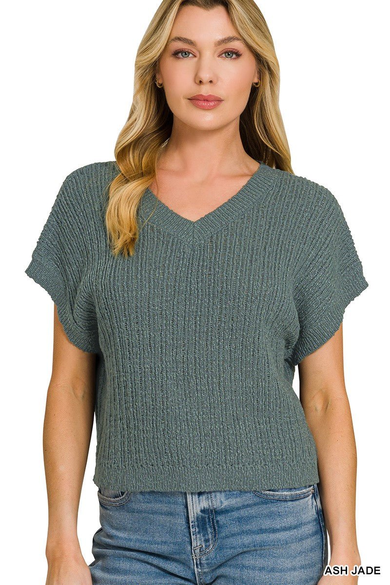 Zenana Textured Knit V - Neck Cropped Sweater - Bitsy Gypsy Boutique
