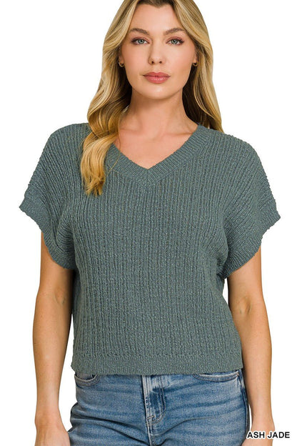 Zenana Textured Knit V - Neck Cropped Sweater - Bitsy Gypsy Boutique