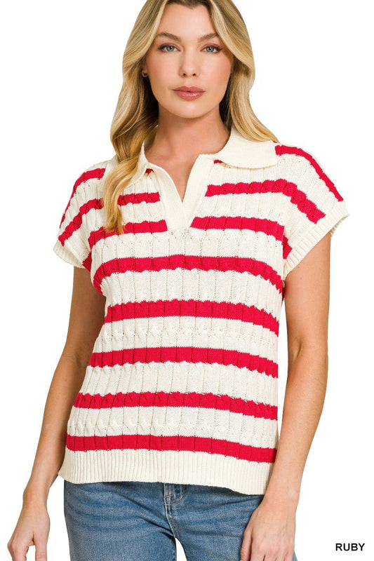 Zenana Textured Stripe Collared Sweater Vest - Bitsy Gypsy Boutique