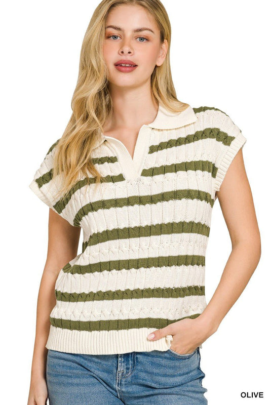 Zenana Textured Stripe Collared Sweater Vest - Bitsy Gypsy Boutique
