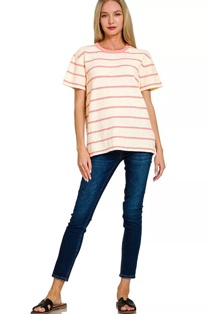 Zenana Textured Striped Crew Neck T-Shirt - Bitsy Gypsy Boutique