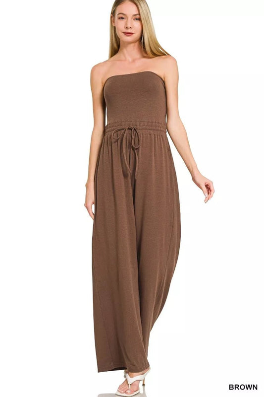 Zenana Tube Top Jumpsuit with Drawstring Waist - Bitsy Gypsy Boutique