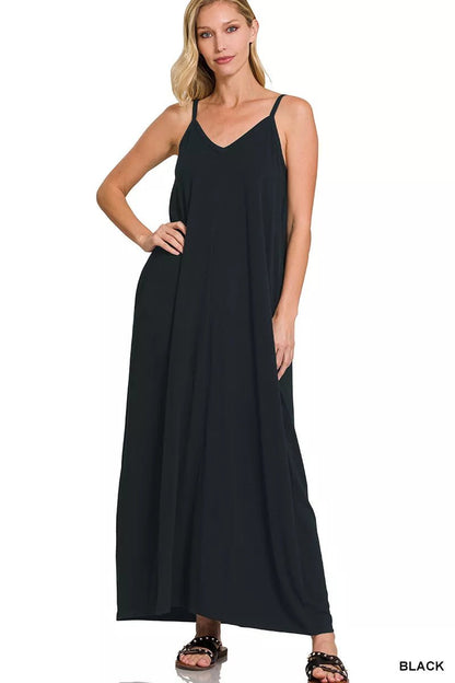 Zenana V - Neck Cami Maxi Dress with Side Pockets - Bitsy Gypsy Boutique