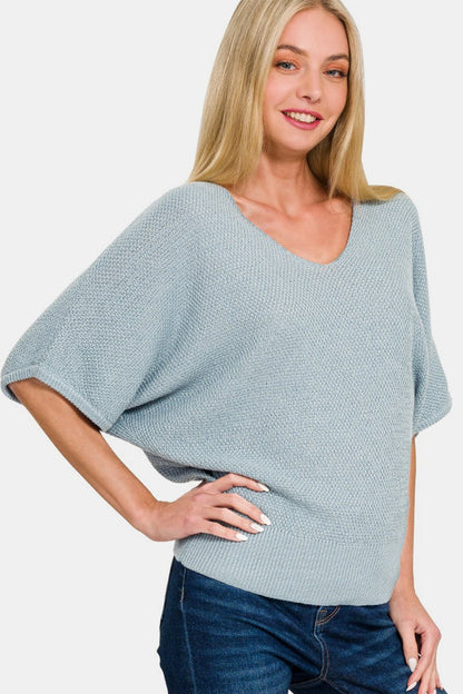 Zenana V - Neck Short Sleeve Dolman Sweater - Bitsy Gypsy Boutique
