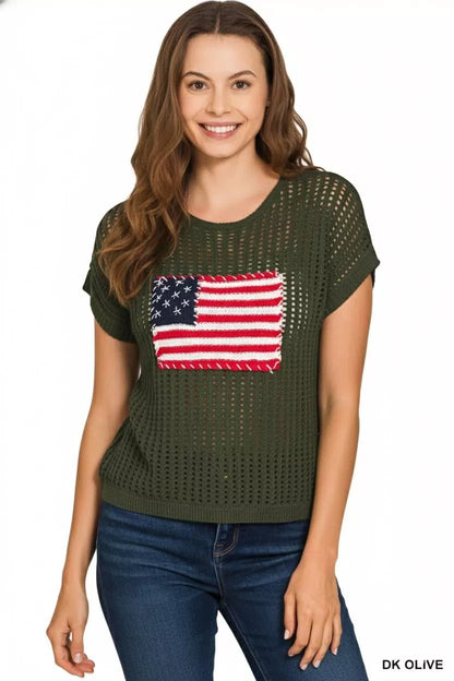 Zenana Viscose American Flag Openwork Knit Top - Bitsy Gypsy Boutique