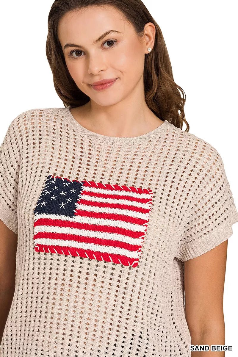 Zenana Viscose American Flag Openwork Knit Top - Bitsy Gypsy Boutique