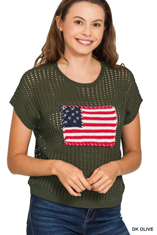 Zenana Viscose American Flag Openwork Knit Top - Bitsy Gypsy Boutique