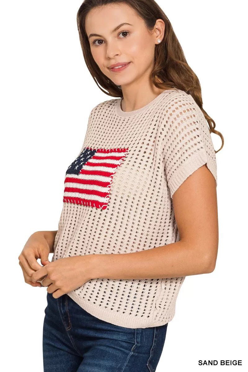 Zenana Viscose American Flag Openwork Knit Top - Bitsy Gypsy Boutique