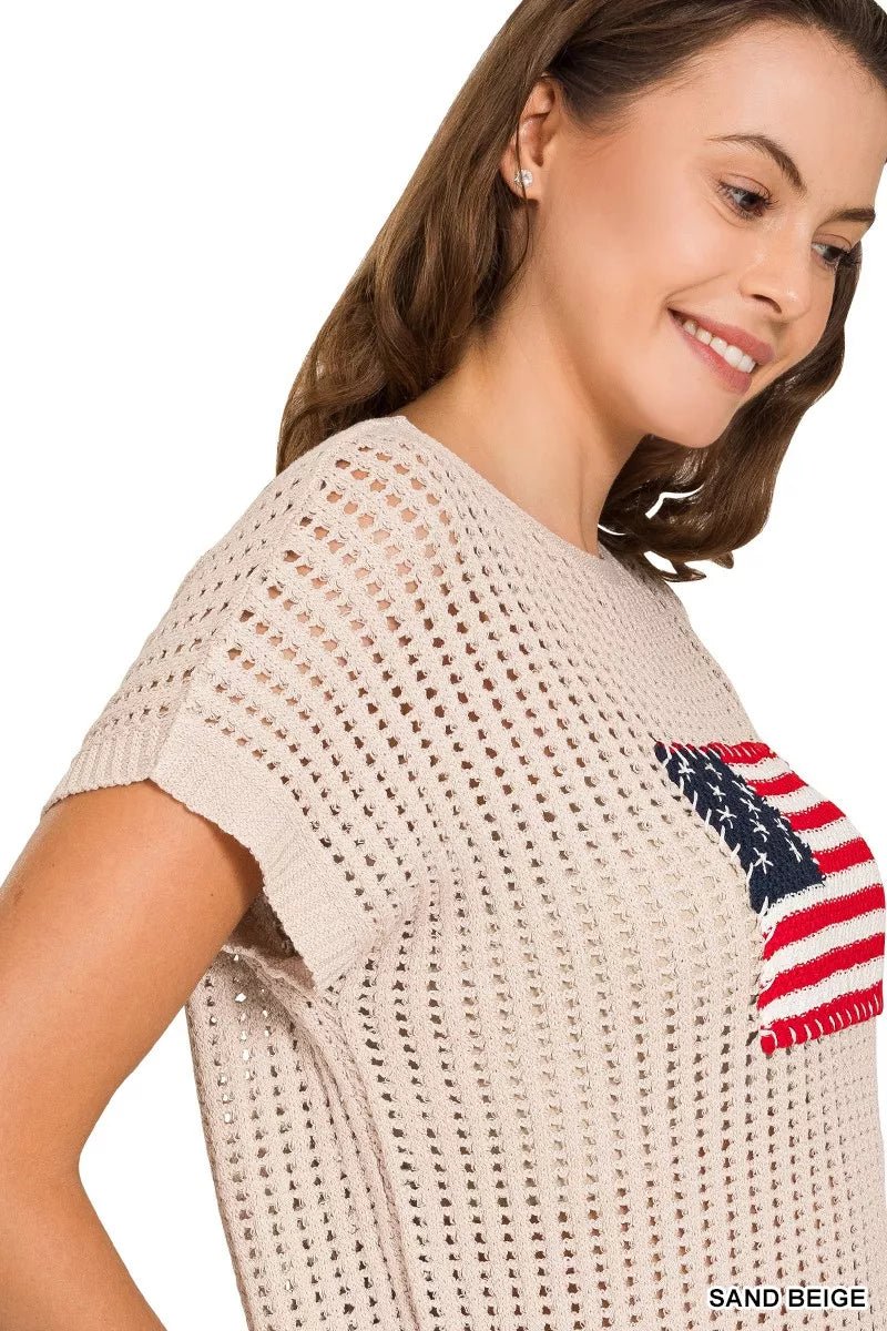 Zenana Viscose American Flag Openwork Knit Top - Bitsy Gypsy Boutique