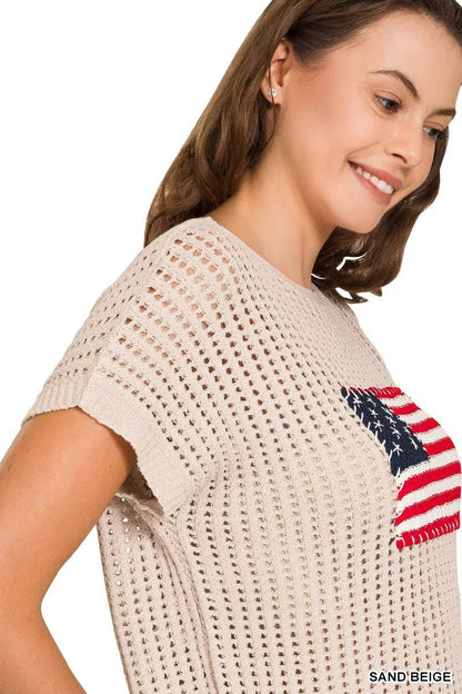 Zenana Viscose American Flag Openwork Knit Top - Bitsy Gypsy Boutique