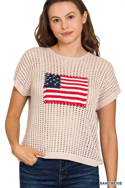 Zenana Viscose American Flag Openwork Knit Top - Bitsy Gypsy Boutique