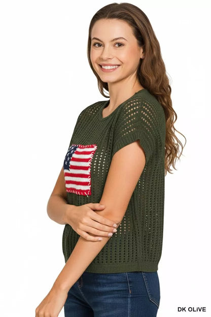 Zenana Viscose American Flag Openwork Knit Top - Bitsy Gypsy Boutique