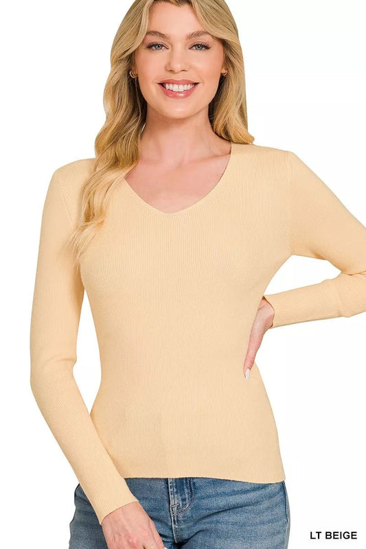 Zenana Viscose Fitted V-Neck Sweater - Bitsy Gypsy Boutique