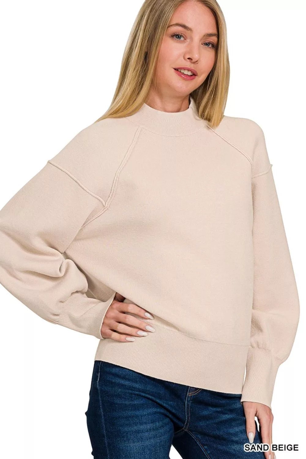 Zenana Viscose Mock Neck Exposed Seam Sweater - Bitsy Gypsy Boutique
