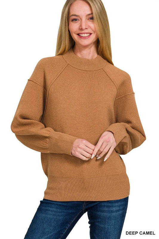 Zenana Viscose Mock Neck Exposed Seam Sweater - Bitsy Gypsy Boutique