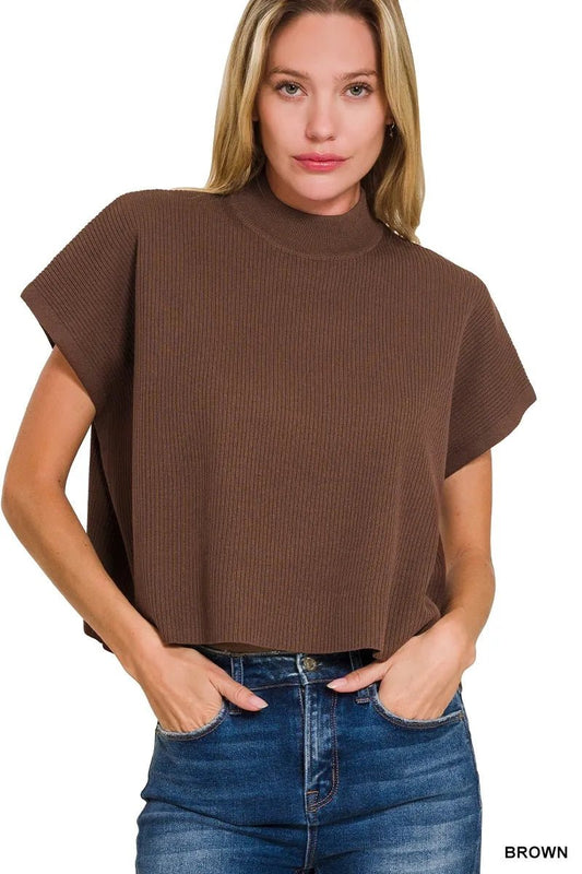 Zenana Viscose Mock Neck Short Sleeve Boxy Sweater - Bitsy Gypsy Boutique
