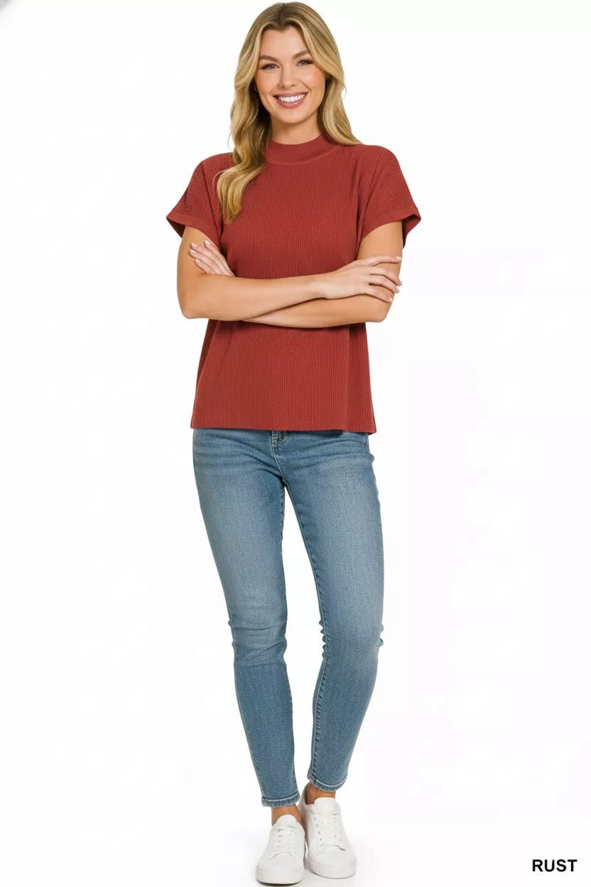 Zenana Viscose Mock Neck Short Sleeve Boxy Sweater - Bitsy Gypsy Boutique