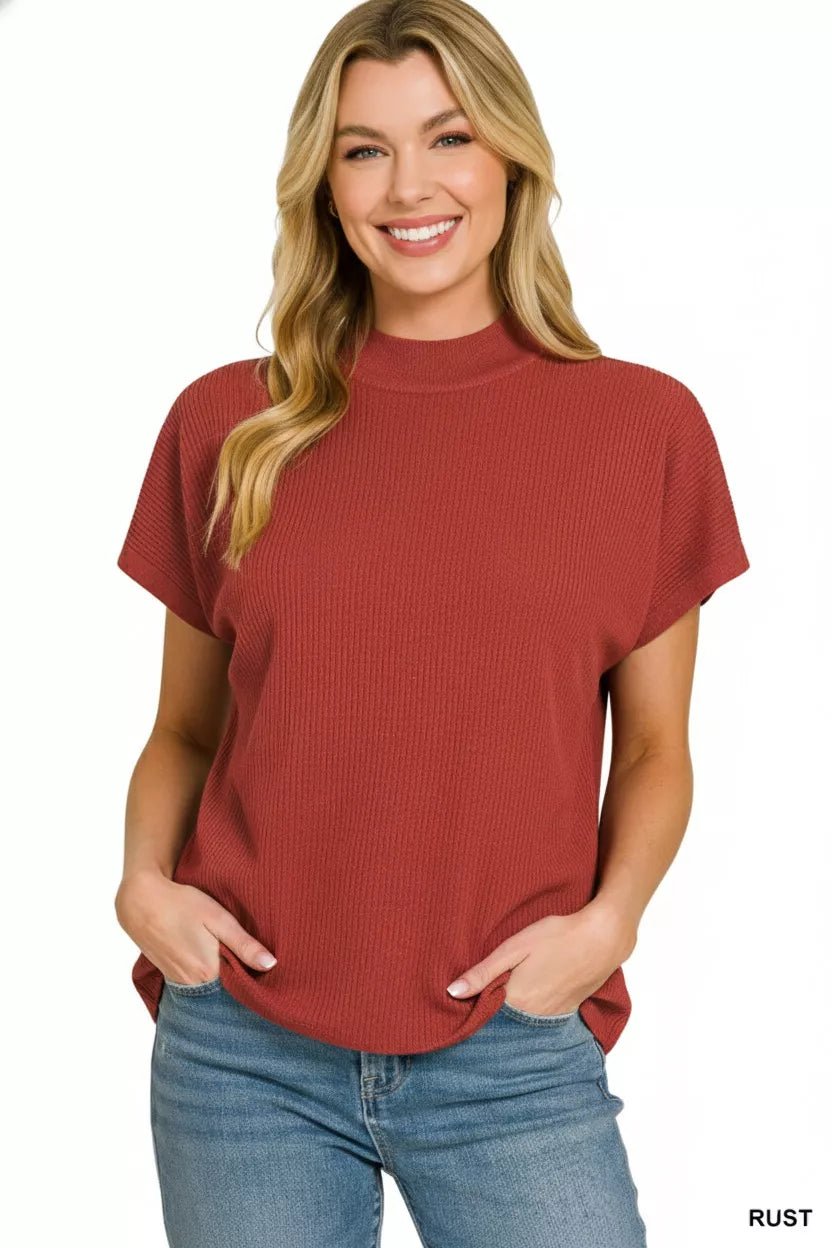 Zenana Viscose Mock Neck Short Sleeve Boxy Sweater - Bitsy Gypsy Boutique