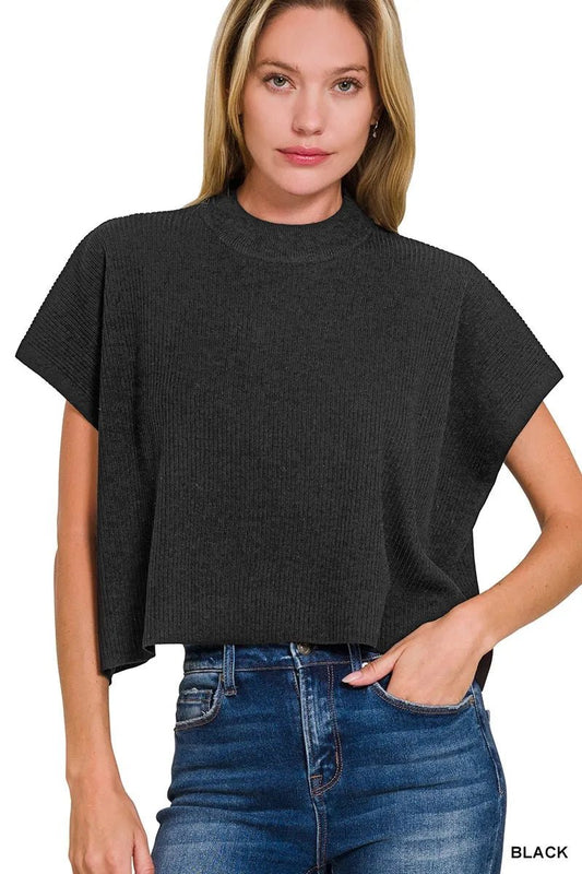 Zenana Viscose Mock Neck Short Sleeve Boxy Sweater - Bitsy Gypsy Boutique