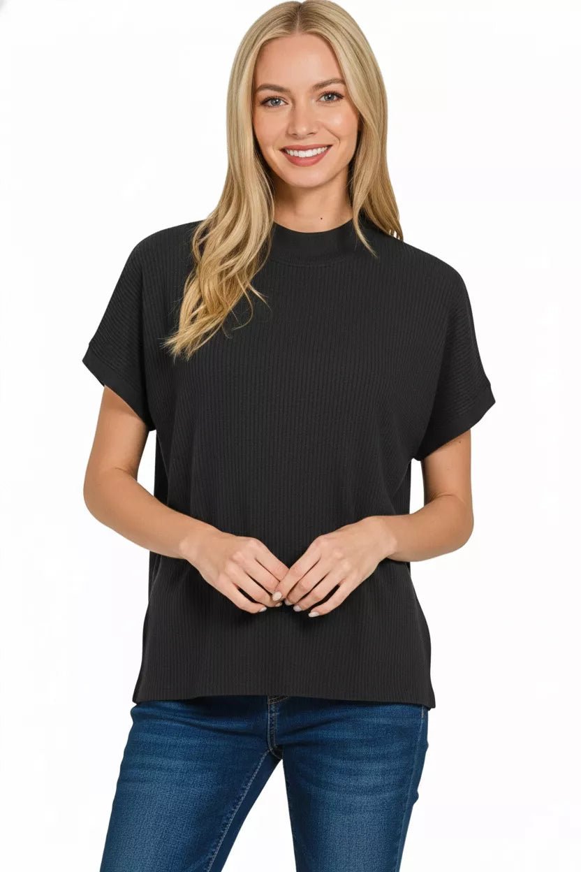 Zenana Viscose Mock Neck Short Sleeve Boxy Sweater - Bitsy Gypsy Boutique