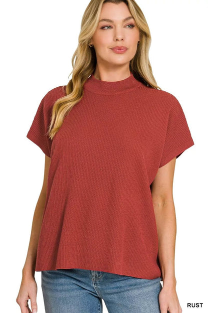 Zenana Viscose Mock Neck Short Sleeve Boxy Sweater - Bitsy Gypsy Boutique