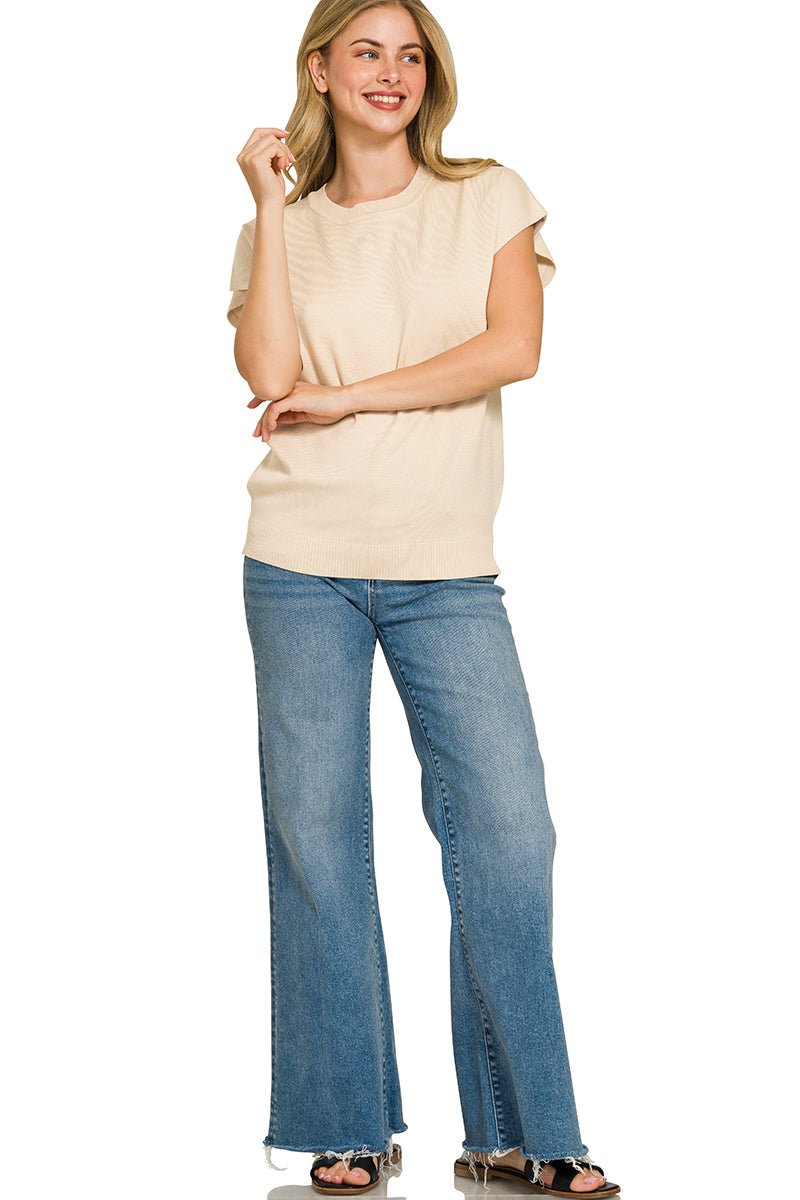 Zenana Viscose Round - neck Short Sleeve Sweater - Bitsy Gypsy Boutique