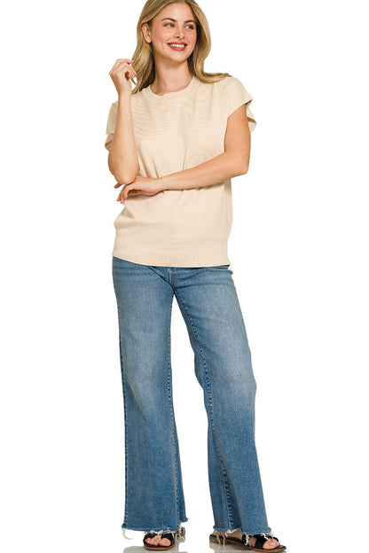 Zenana Viscose Round - neck Short Sleeve Sweater - Bitsy Gypsy Boutique