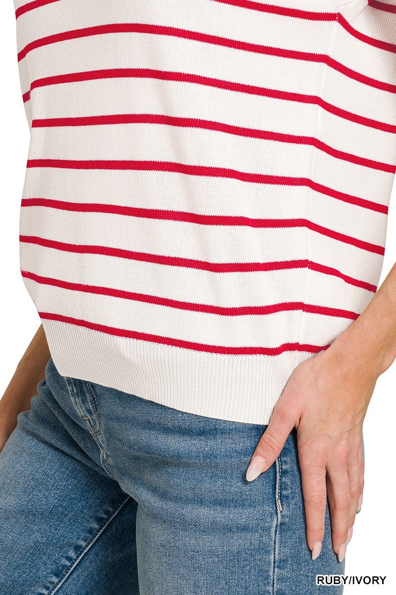 Zenana Viscose Striped Collared Sweater Vest - Bitsy Gypsy Boutique