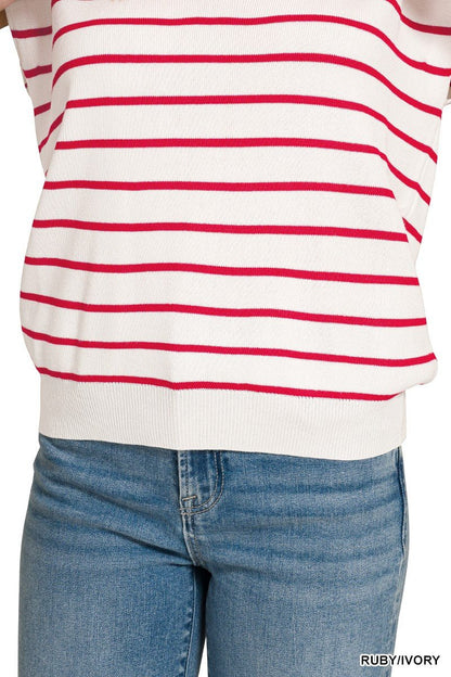 Zenana Viscose Striped Collared Sweater Vest - Bitsy Gypsy Boutique