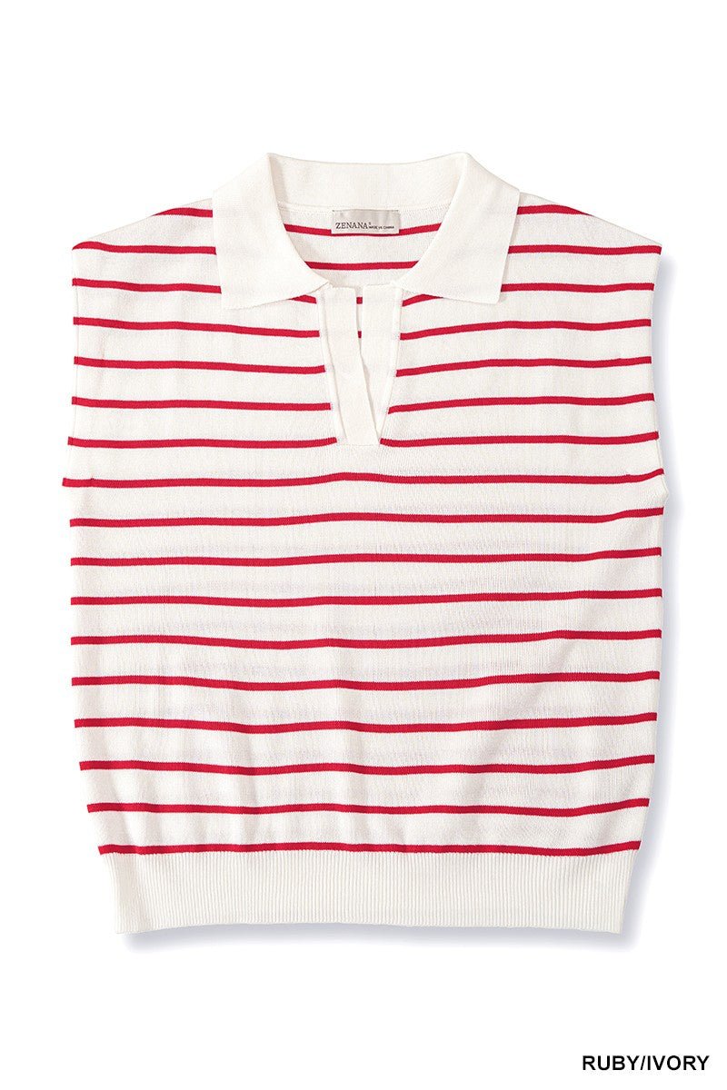 Zenana Viscose Striped Collared Sweater Vest - Bitsy Gypsy Boutique