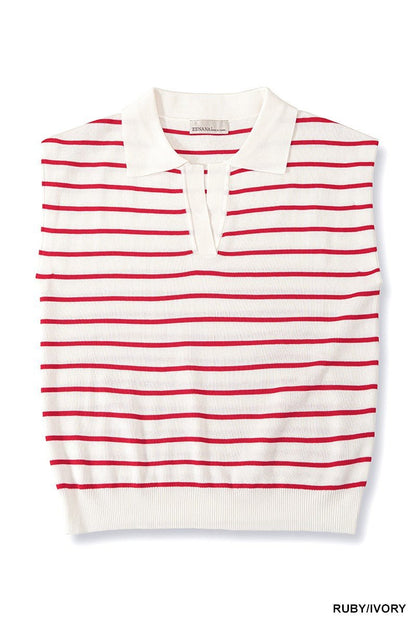 Zenana Viscose Striped Collared Sweater Vest - Bitsy Gypsy Boutique