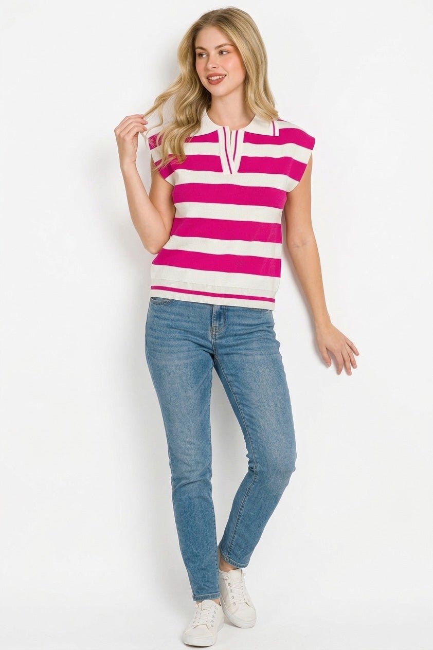 Zenana Viscose Striped Collared Sweater Vest - Bitsy Gypsy Boutique