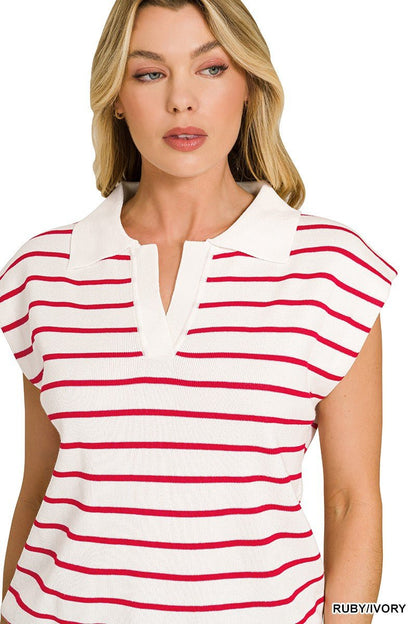 Zenana Viscose Striped Collared Sweater Vest - Bitsy Gypsy Boutique