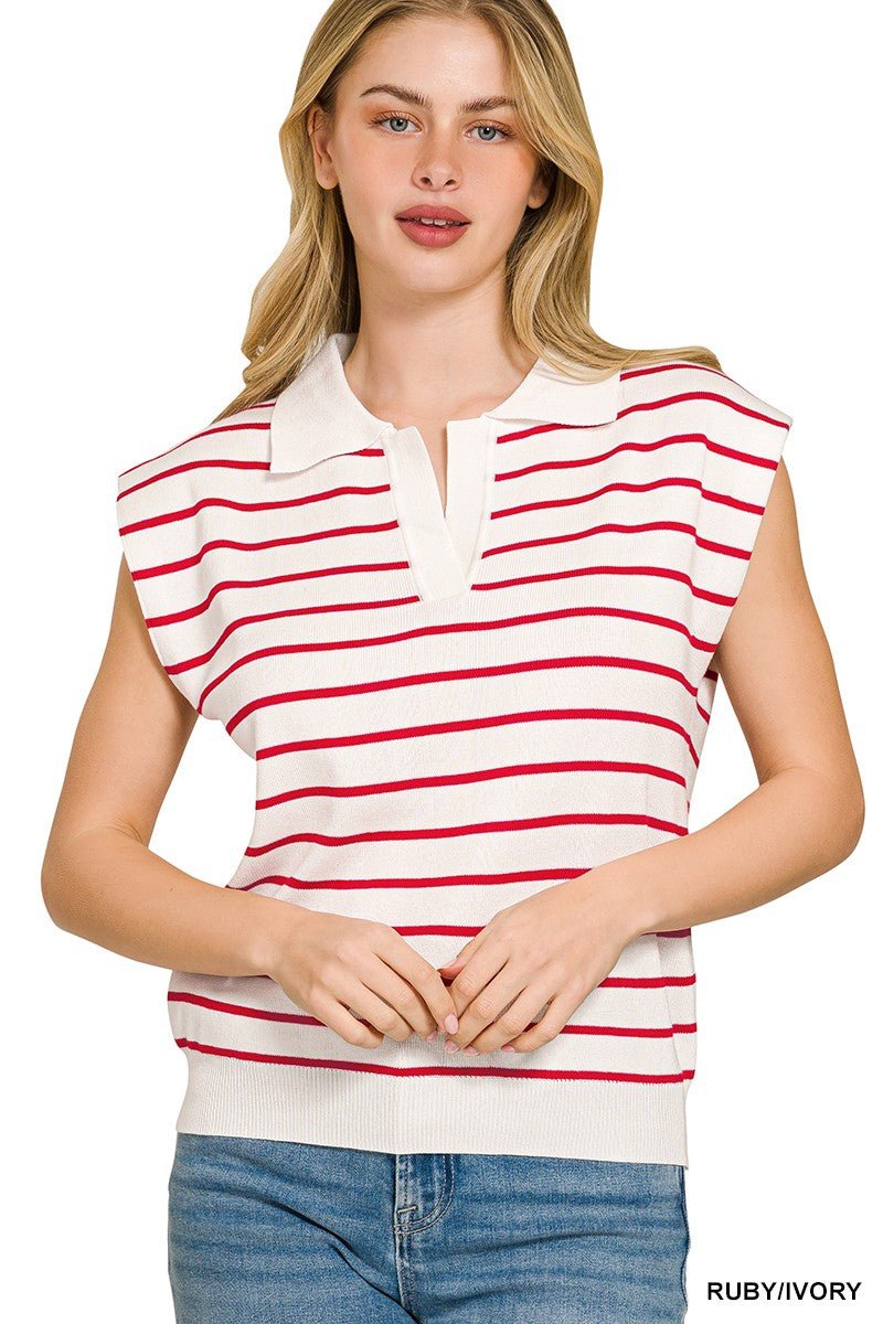Zenana Viscose Striped Collared Sweater Vest - Bitsy Gypsy Boutique
