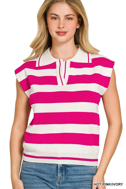 Zenana Viscose Striped Collared Sweater Vest - Bitsy Gypsy Boutique