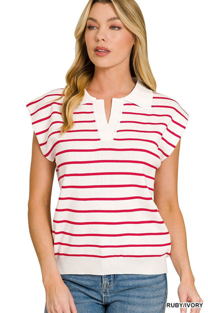 Zenana Viscose Striped Collared Sweater Vest - Bitsy Gypsy Boutique