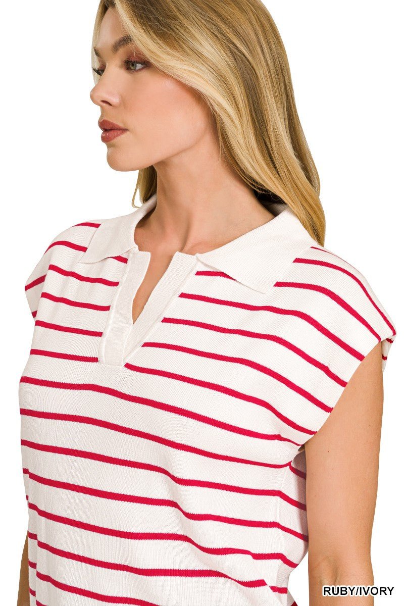 Zenana Viscose Striped Collared Sweater Vest - Bitsy Gypsy Boutique