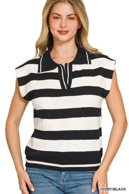 Zenana Viscose Striped Collared Sweater Vest - Bitsy Gypsy Boutique