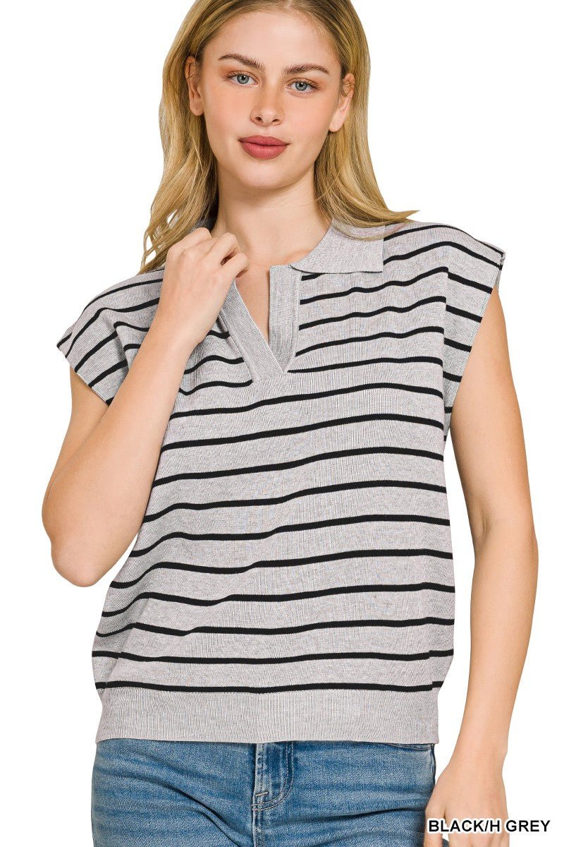 Zenana Viscose Striped Collared Sweater Vest - Bitsy Gypsy Boutique