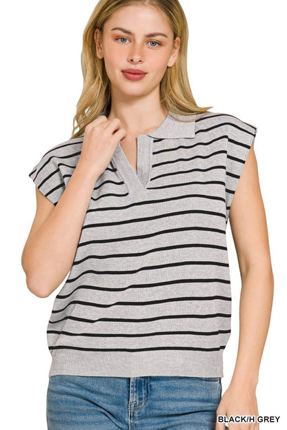 Zenana Viscose Striped Collared Sweater Vest - Bitsy Gypsy Boutique