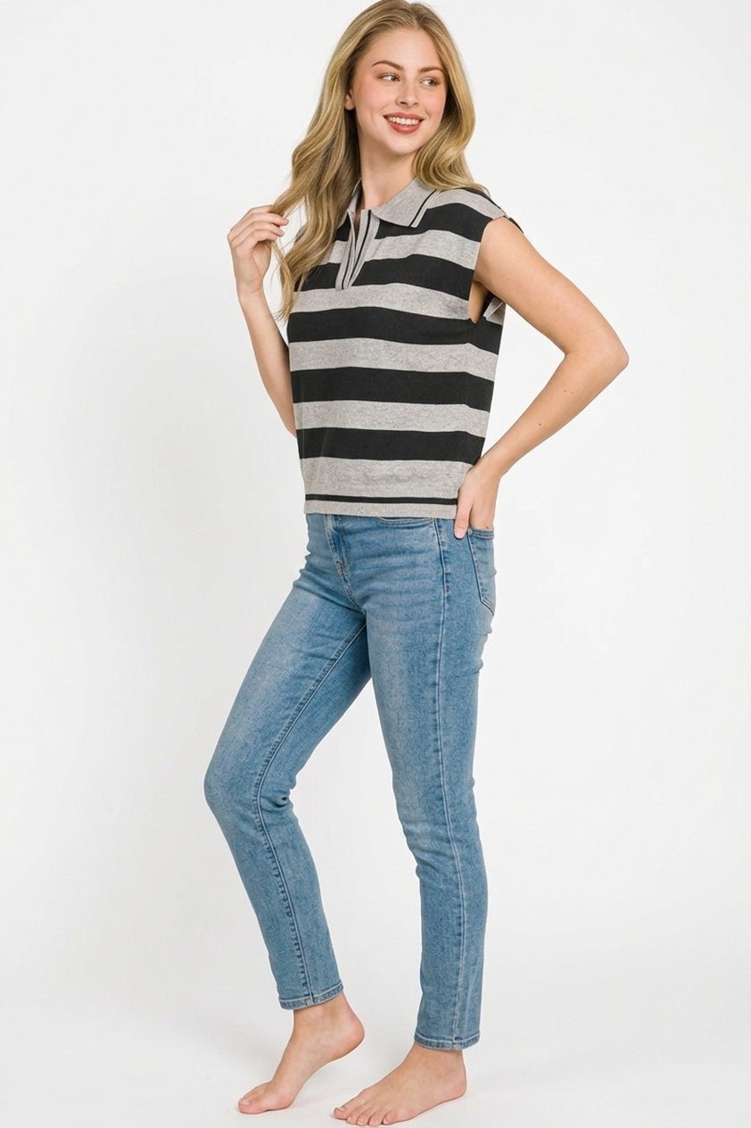 Zenana Viscose Striped Collared Sweater Vest - Bitsy Gypsy Boutique