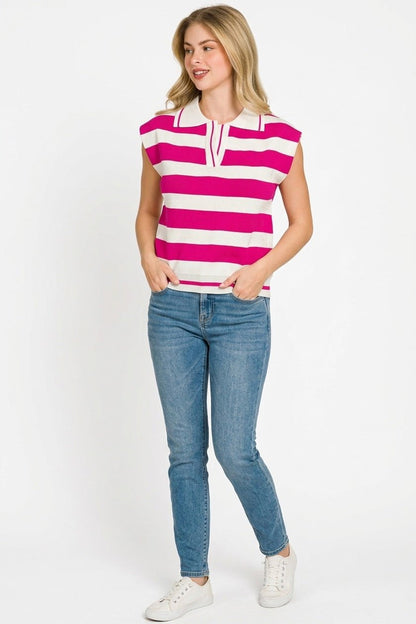 Zenana Viscose Striped Collared Sweater Vest - Bitsy Gypsy Boutique