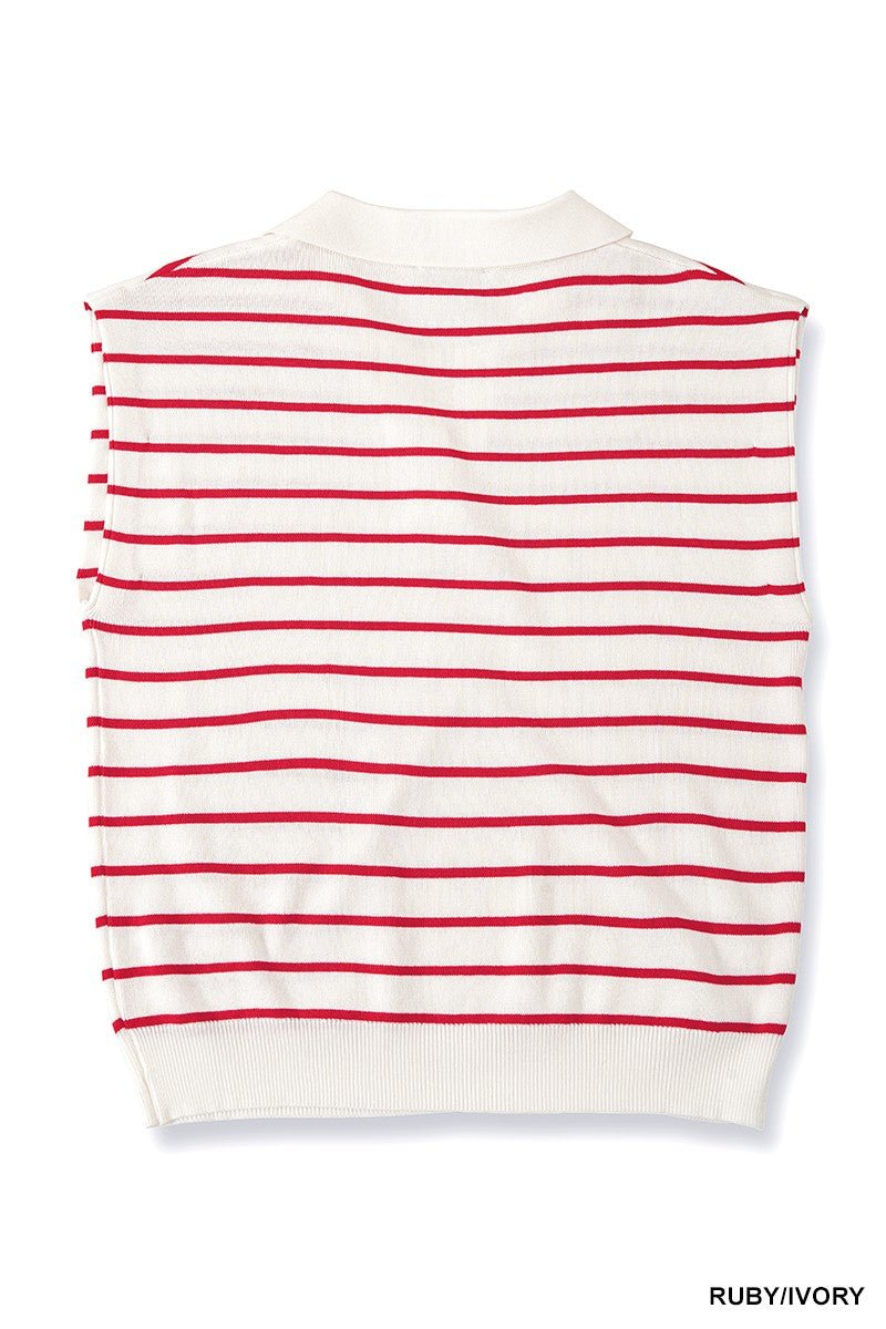 Zenana Viscose Striped Collared Sweater Vest - Bitsy Gypsy Boutique