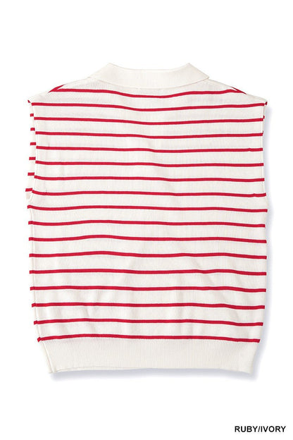 Zenana Viscose Striped Collared Sweater Vest - Bitsy Gypsy Boutique